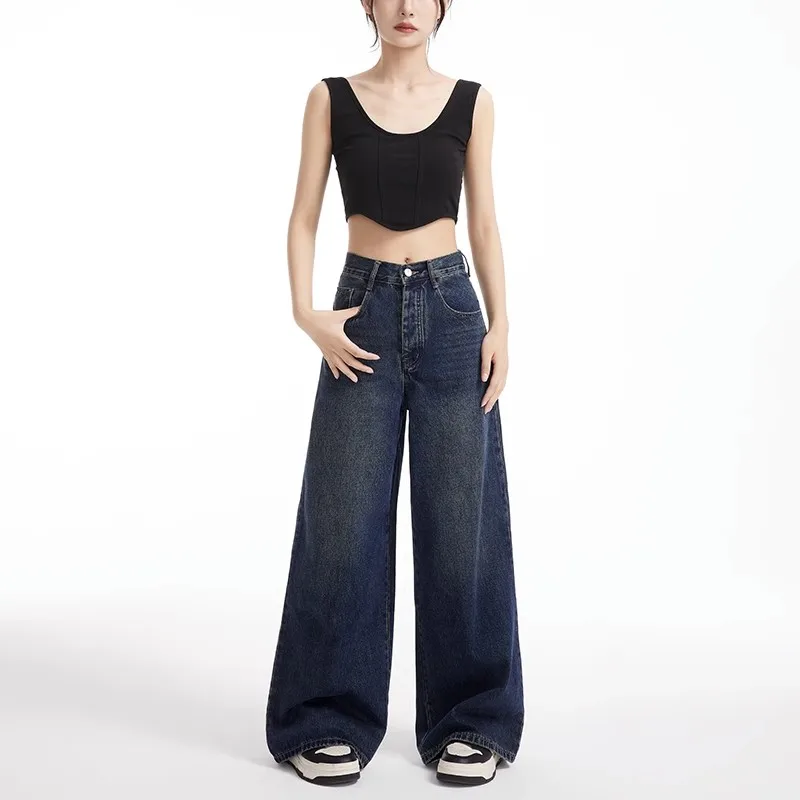 WCFCX STUDIO Women 2023 Autumn New Fashion Streetwear Straight High Waisted Jeans Chic Vintage Loose Blue Wide Leg Jeans