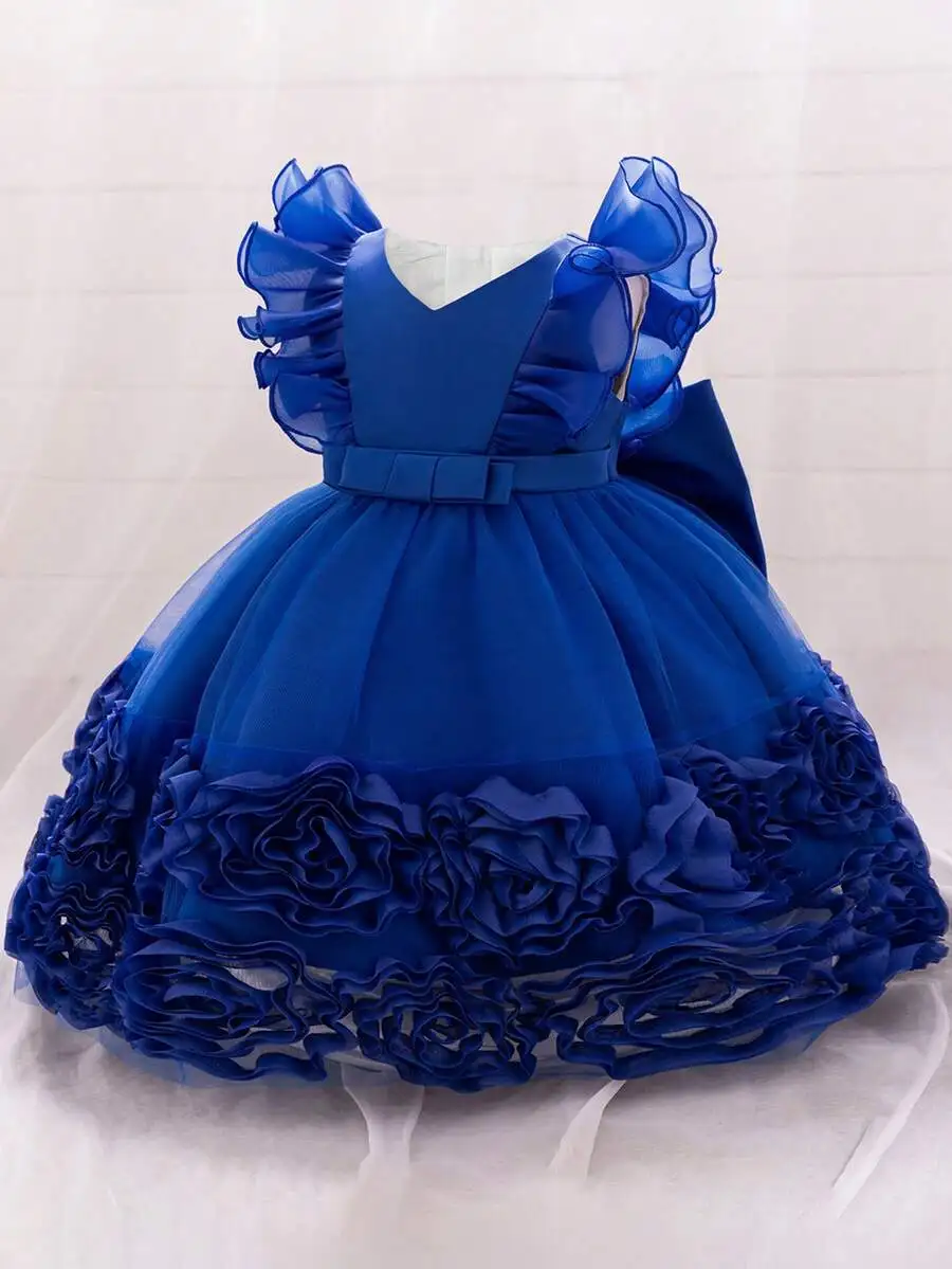 

Royal Blue Satin Tulle Ball Gown With Ruffled Sleeves And Floral Appliques For Formal Evening