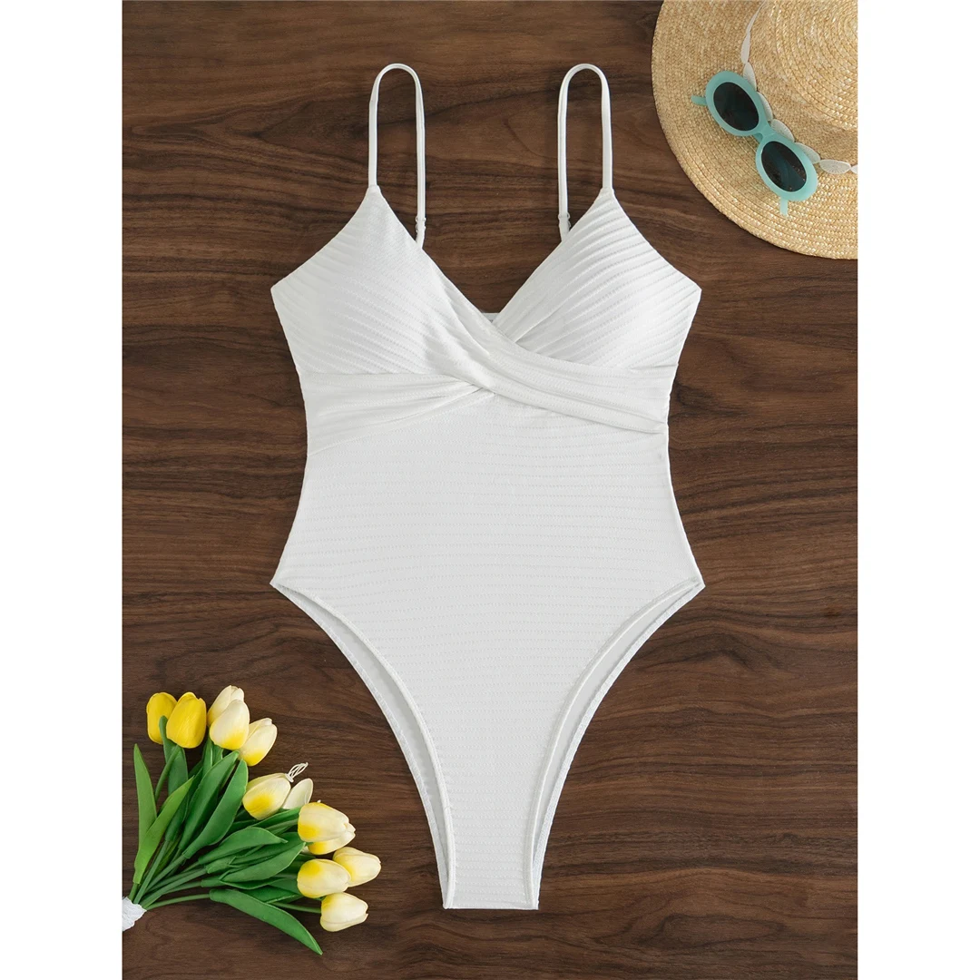 Sexy neuer gerippter Badeanzug mit V-Ausschnitt, gerafftem Design und hohem Beinausschnitt für Damen, einteiliger Badeanzug, Monokini, gepolsterter Badeanzug, Badebekleidung, Modell V6364. – Detail 10