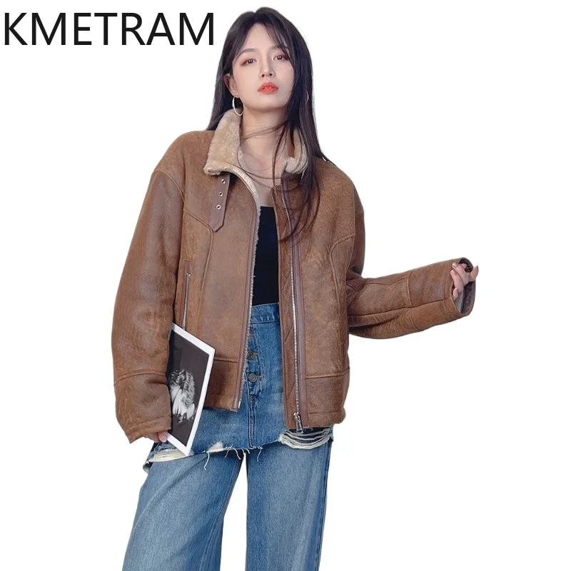 KMETRAM 100% Sheepskin with Wool Attached Coats Vintage Biker Fur Jacket Premium Winter Real Fur Coat Woman Clothing 60cm 2026