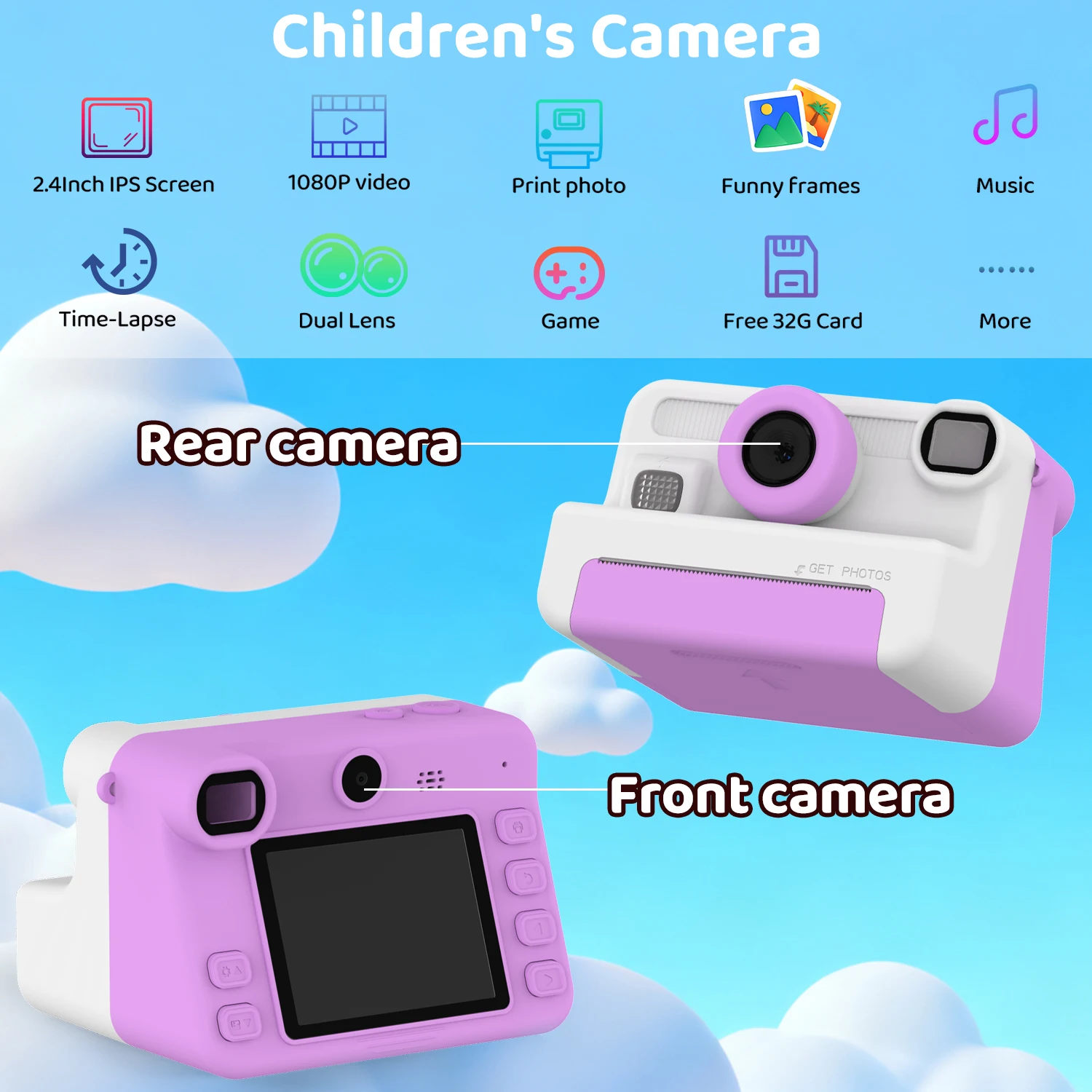 Aparat Cyfrowy dla Dzieci z Kartą 32GB Mini Drukarka Przenośny Termiczny Aparat do Natychmiastowego Drukowania Zdjęć dla Dzieci Nagrywanie Wideo 1080P Zabawka Prezent