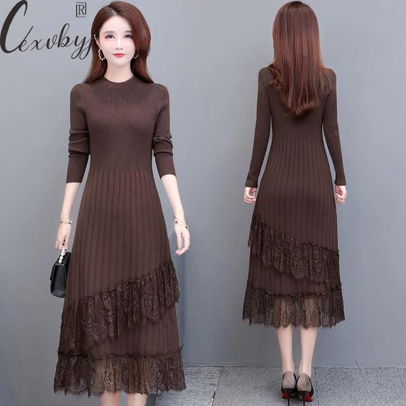 

Knitted Vintage Dress Women Casual Round Neck Lace Patchwork Bodycon Dress All-Match Plus Size Loose Bottoming Pullover Vestidos