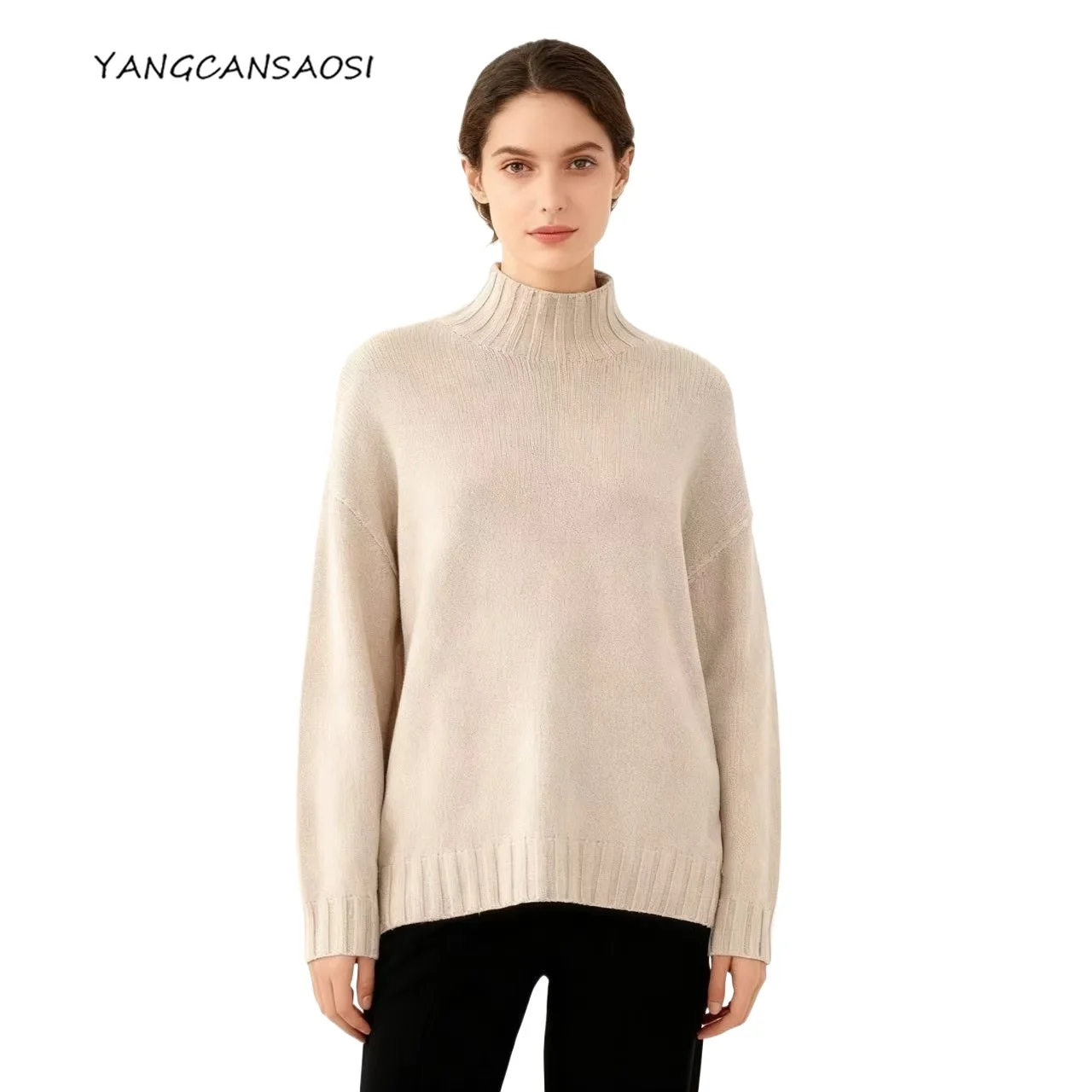 

2025 Women's Fashion Autumn/Winter New Thickened Half High Neck 100% Wool Loose Outer Seamless Knitted Wool Sweater
