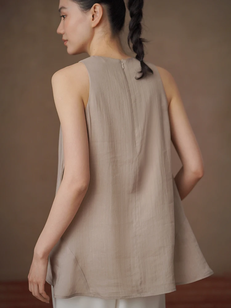 Hacikis Miss Linen round Neck Sleeveless H-Shape Slimming Simple Vest Top Breathable Lightweight Summer T-Shirt for Women