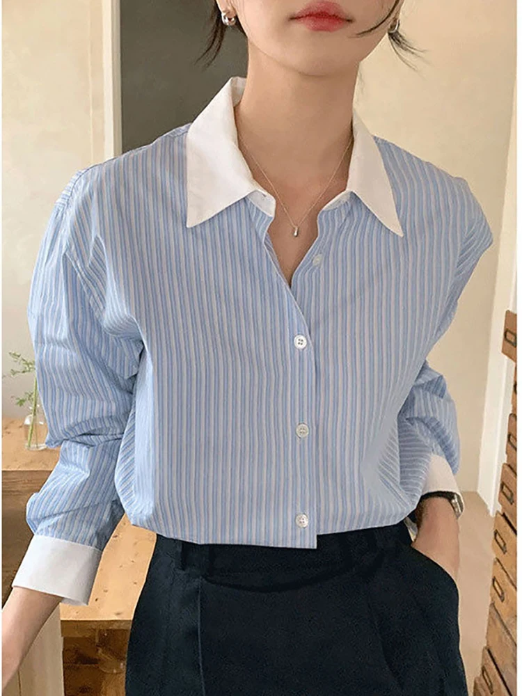 Striped Shirt Women Contrast Color Casual Blouse Female Lapel Long Sleeve Chic Shirts Ladies Fashion Loose Office Shirt Spring