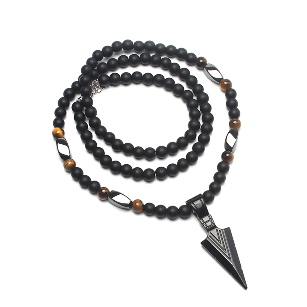 Cool 6mm Matte Black Round Beads Slivery Golden Color Arrow Pendant Necklace for Men Handmade Jewelry Gift