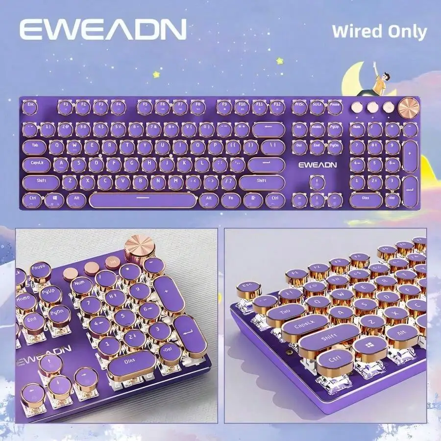 Mechanical gaming keyboard, wired design, purple retro typewriter style, portable office keyboard, full-size LED backlight