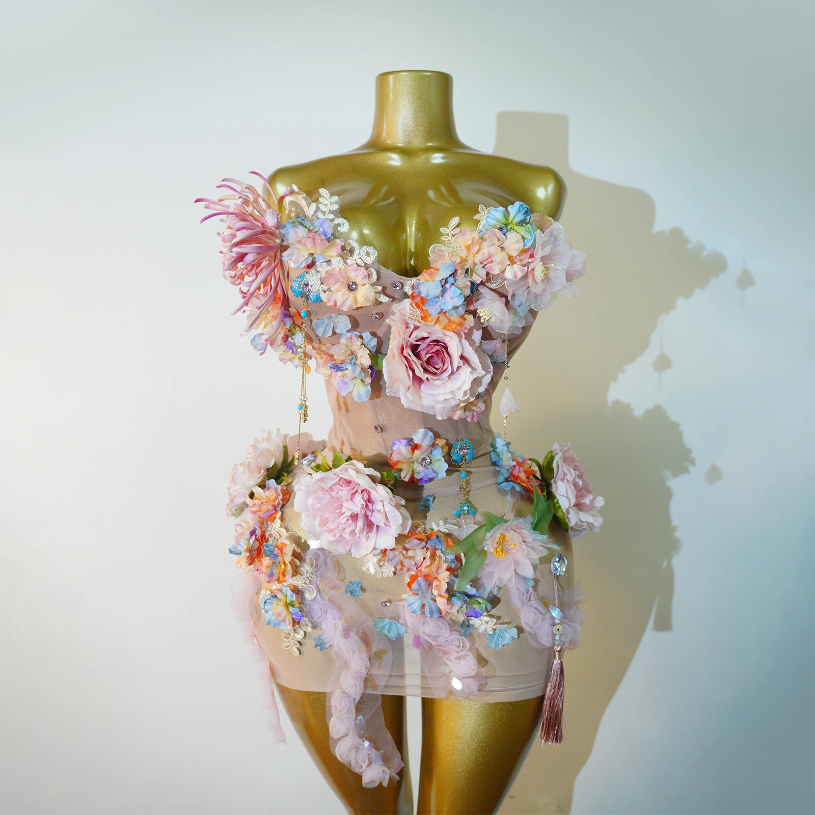 Body de malla 3D con flores y plumas para mujer, sexy, para actuaciones en escenario, cumpleaños, discoteca, fiesta, cantante, bailarina, ropa de lujo.