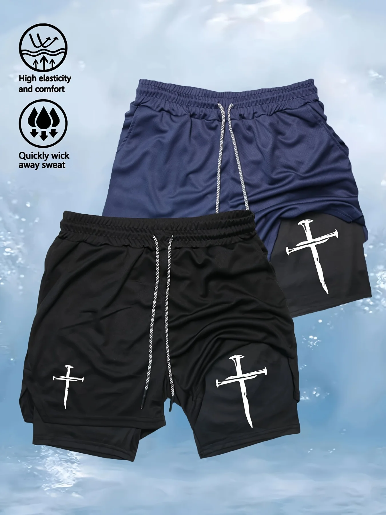 

2pcs Men's Double-Layer 2-in-1 Athletic Shorts with Quick-Dry Fabric Elastic Waistband Print Gym Workout Running Training Shorts