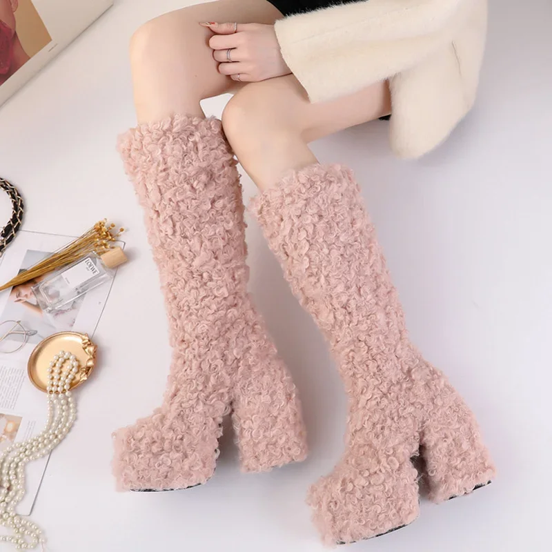 Fur Boots Sweet Botas Platform Designer Shoes Cute Zapatos Mujer Chunky Heels Knee Rpund Toe Runway Luxury Pumps Winter Autumn