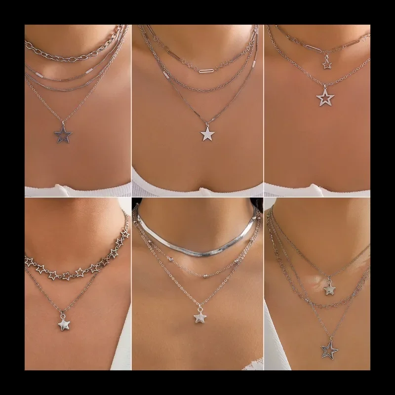 مجموعة بسيطة ومتعددة الاستخدامات، قلادة على شكل نجمة، سلسلة معدنية رفيعة ورائعة.