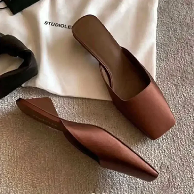 Fashion Satin Women's Mules with Heels Summer Sexy Square Toe Strange Low Heel Slide Sandals Elegant Comfort Dress Slippers view 2