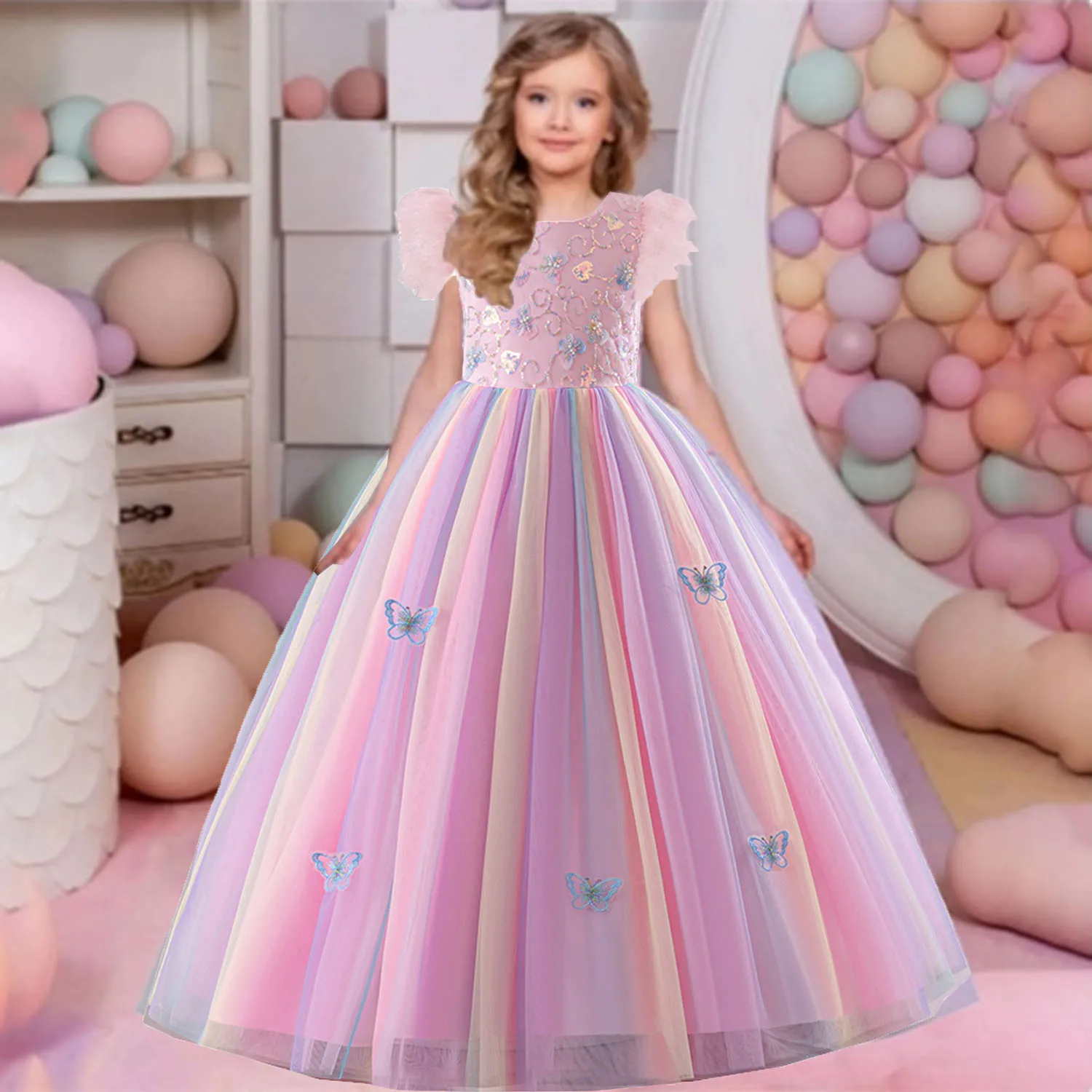 

HXCMall Stunning Little Big Girls Feather Sleeves Flower Girl Birthday Party Pageant Formal Holiday Christmas Dress