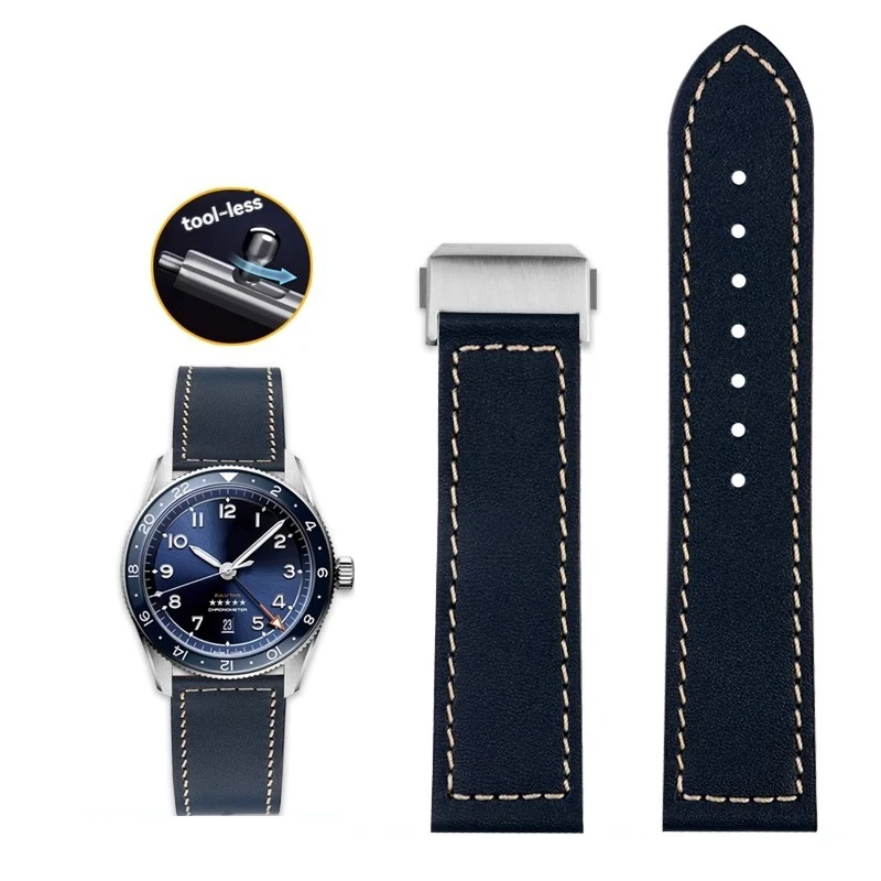 22mm Cowhide Watch Strap for Longines Pioneer Multi Time Zone L3.812 L3.82.4 Series Breitling Huawei GT3 GT4 46mm Men Wristband