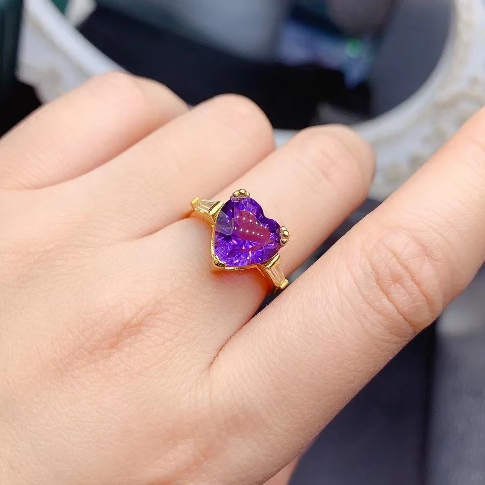 

Pure Amethyst Ring for Engagement 3ct 10mm Natural Amethyst Silver Ring Keep Shining 3 Layers 18K Gold Plated Crystal Jewelry