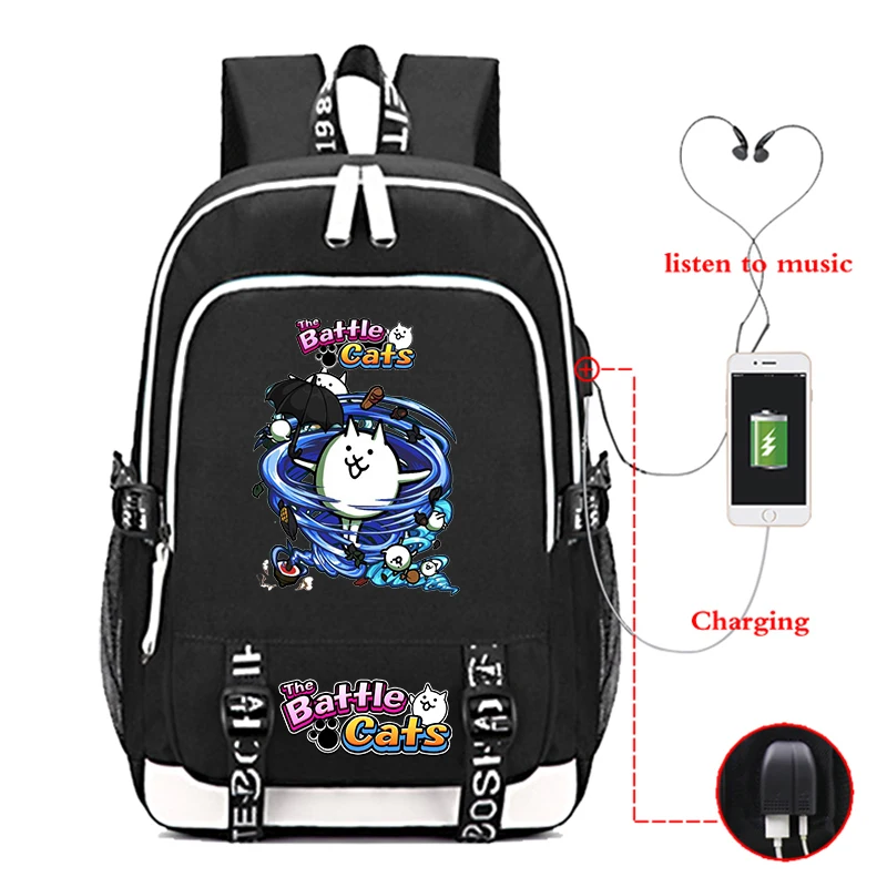 Tas sekolah Game The Battle Cats dengan Port pengisi daya USB tas punggung Laptop tas buku tahan air pelajar laki-laki perempuan bepergian