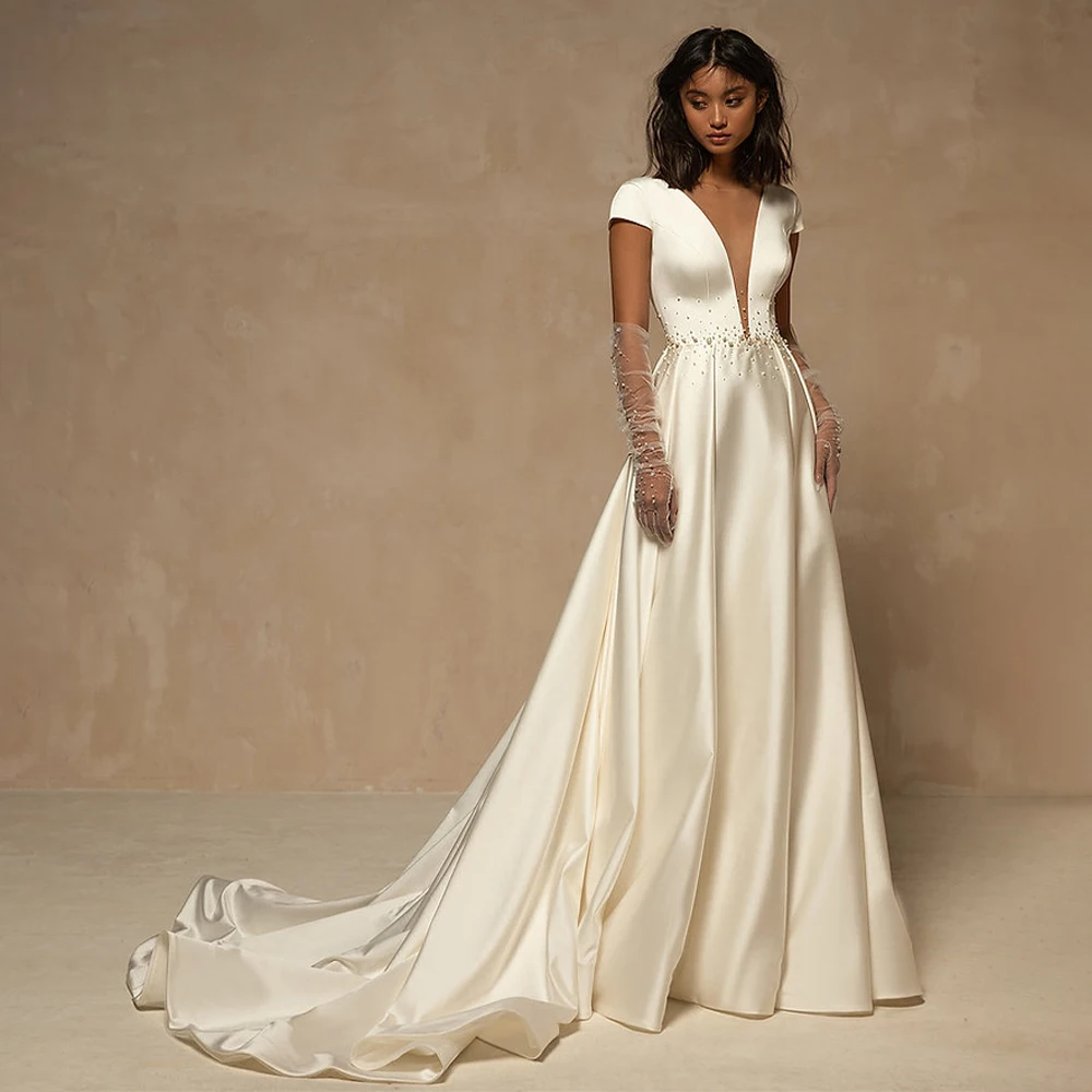 Robe de Mariée Élégante en Satin Ivoire, Col en V Profond, Dos aux, de Luxe, pour Femme, 2024