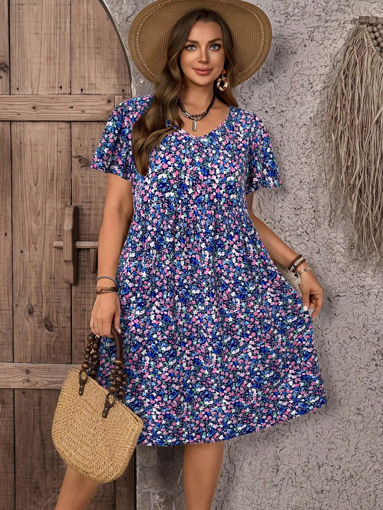 

Женское платье миди больших размеров с короткими рукавами и рюшами, с цветочным принтом, для летнего отдыха