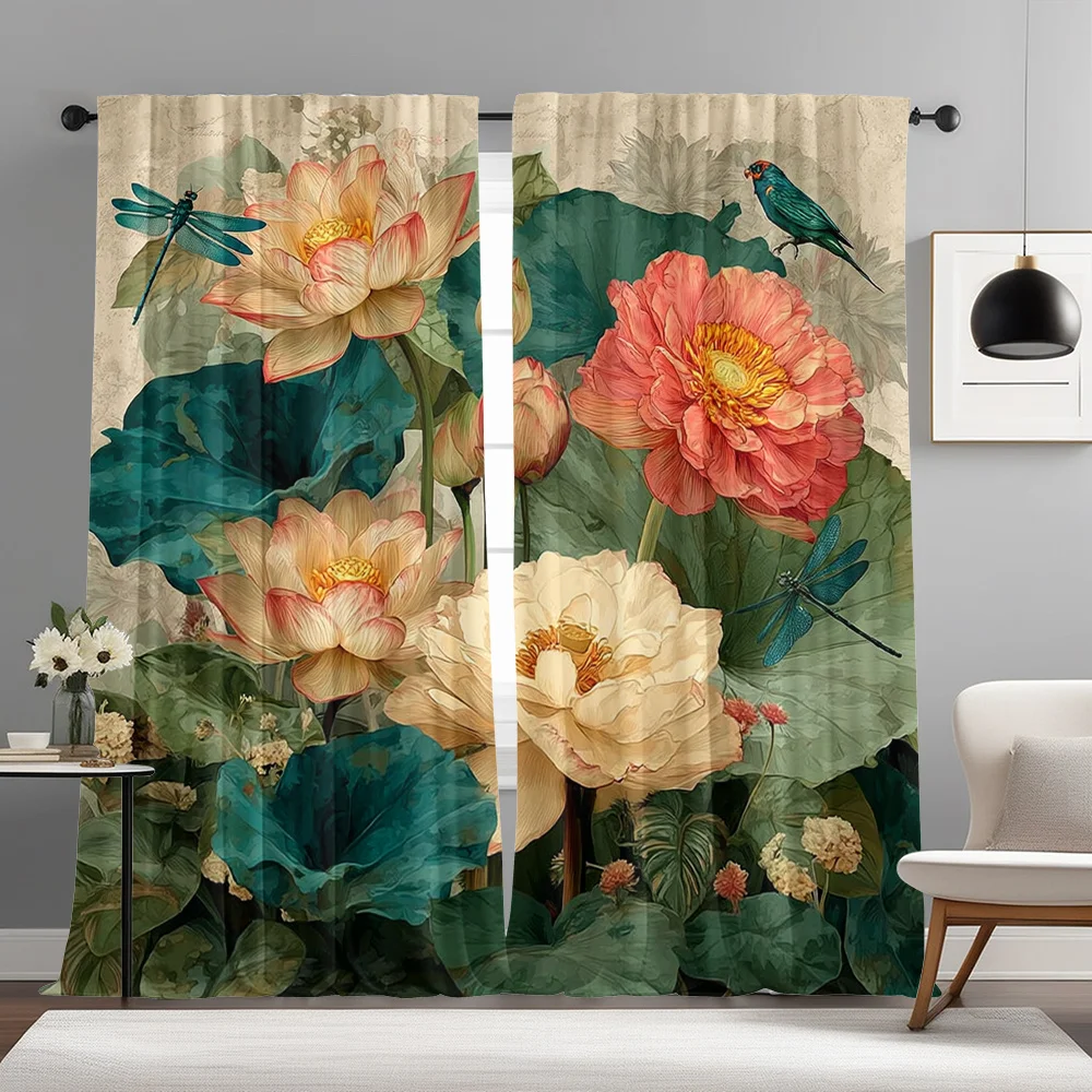 Retro Oriental Floral Lotus Curtain Panels, Peony Dragonfly Bird Green Leaf Antique Paper Pattern Drapes for Balcony Decoration