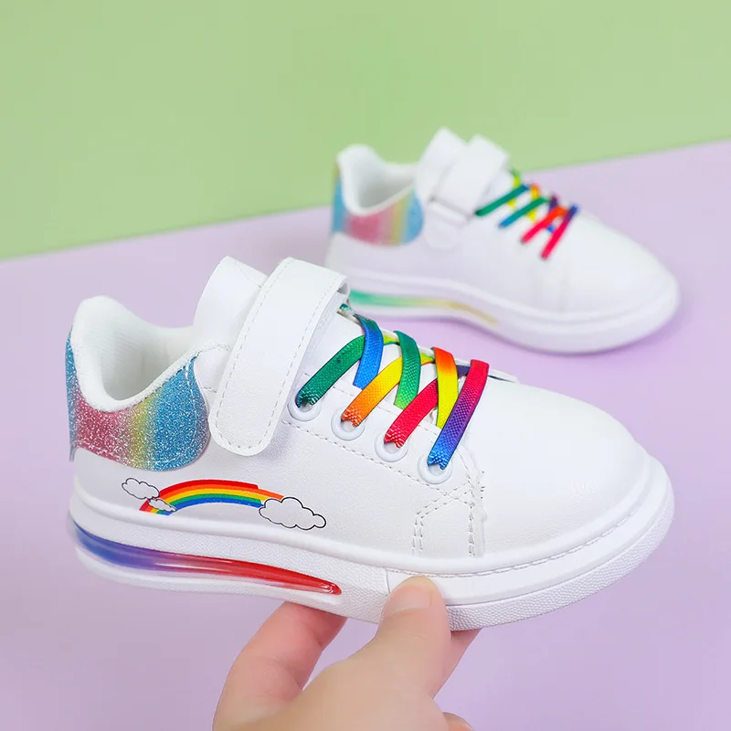 Kids Casual Board Shoes Soft Bottom Anti-slip Children Outdoor Sports Running Sneakers Fashion Rainbow Pattern Toddler Flats