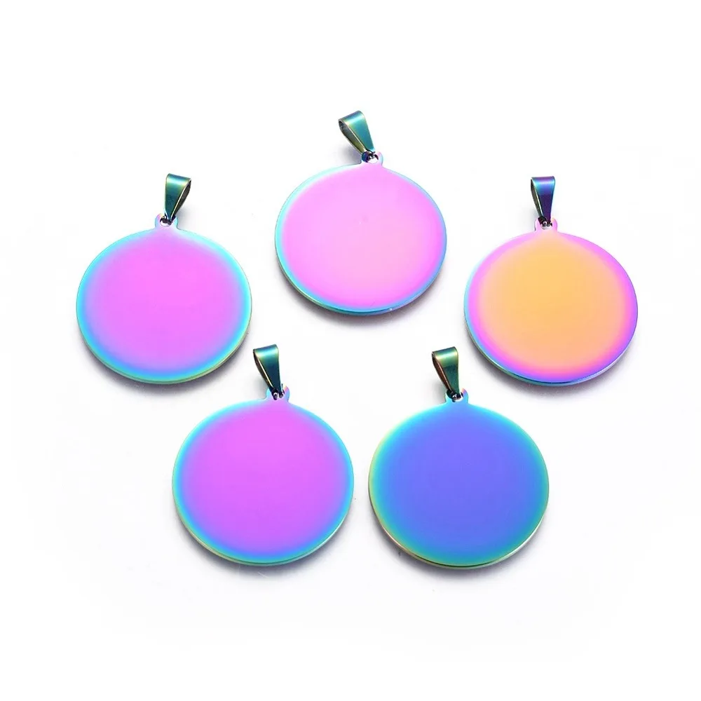 2pcs Ion Plating(IP) 304 Stainless Steel Pendants Flat Round Stamping Blank Tag Rainbow color 32x30x1mm Hole: 3x7mm