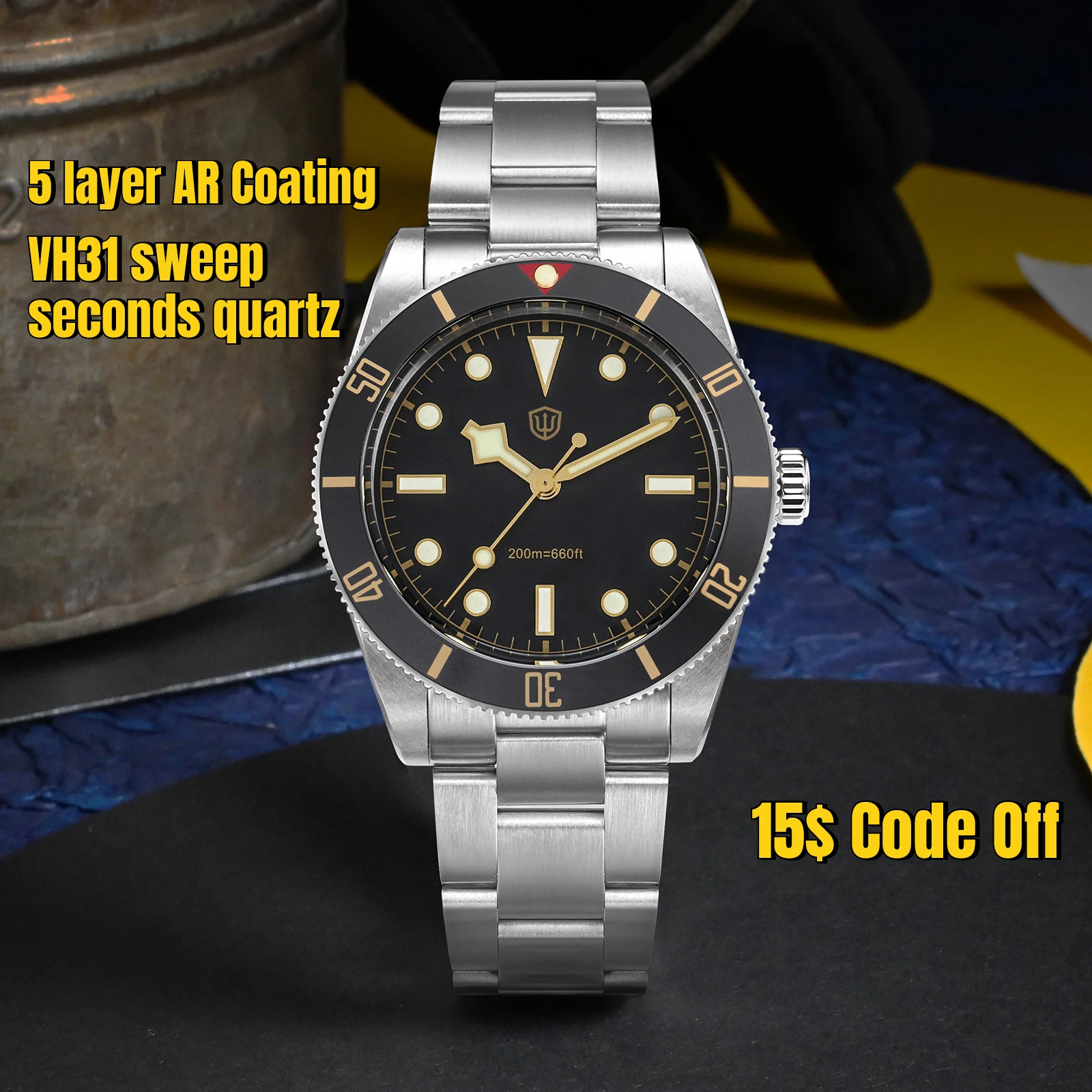 Watchdives WD7922 Vintage Quartz Watches Vh31 Sweep Movement AR Sapphire Luminous 200M Waterproof 37Mm Mens Luxury Wrist Watch