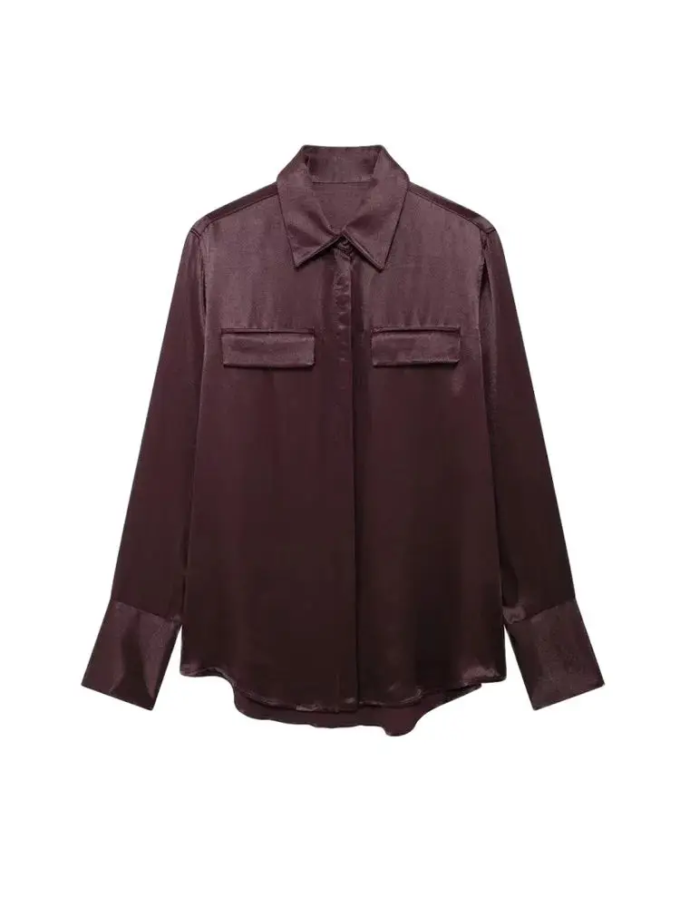 Satin Shirts with Pockets for Women, Long Sleeve, Button-up, Female Blouses, Chic Tops, Fashion