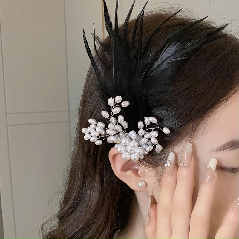 2 Pcs Large Flower Feather Imitation Pearl Duckbill Hair Clips for Women Temperament Sweet Luxury Fairycore Head Accessories Set