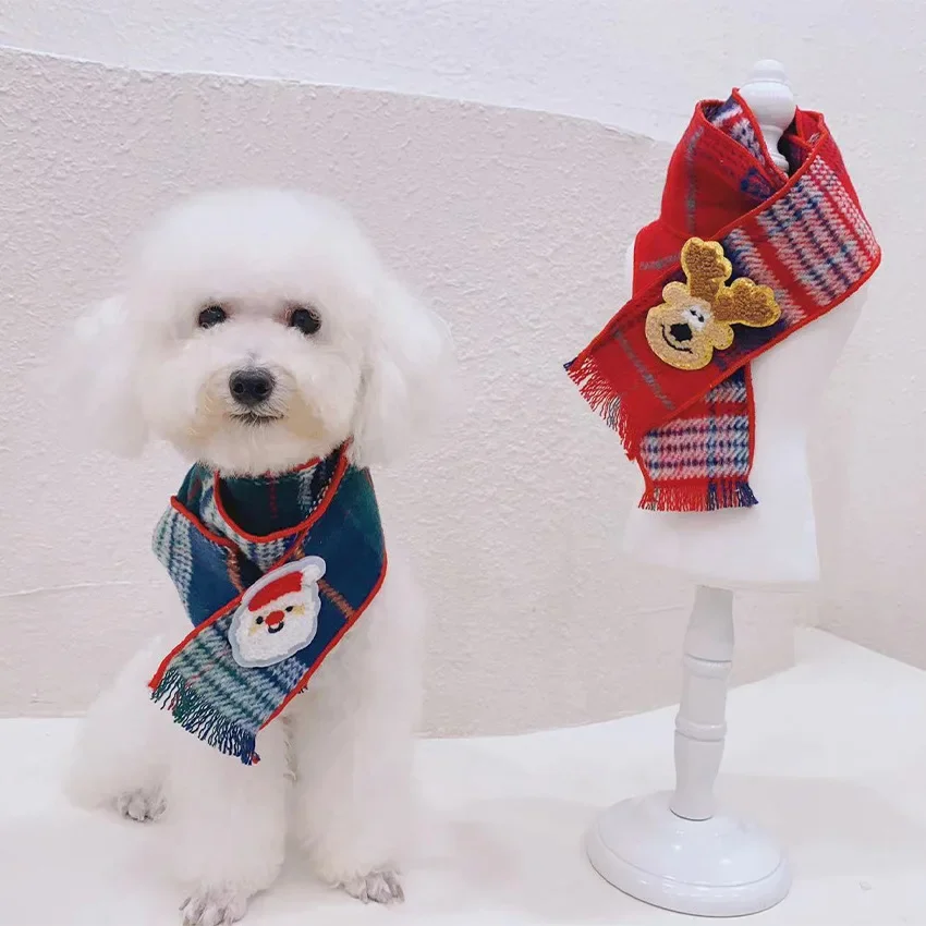 Pet Scarf Dog Cat Fur Plaid Cartoon Scarf Christmas and New Year Decoration Accessories Teddy Yorkshire Bear Halloween Pet