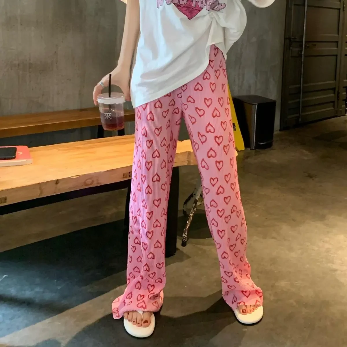 Chic Pink Print Folds Long Pants Elastic High Waist Wide Leg Pants Y2k Streetwear Casual Korean Fashion Summer Sweatpants Women