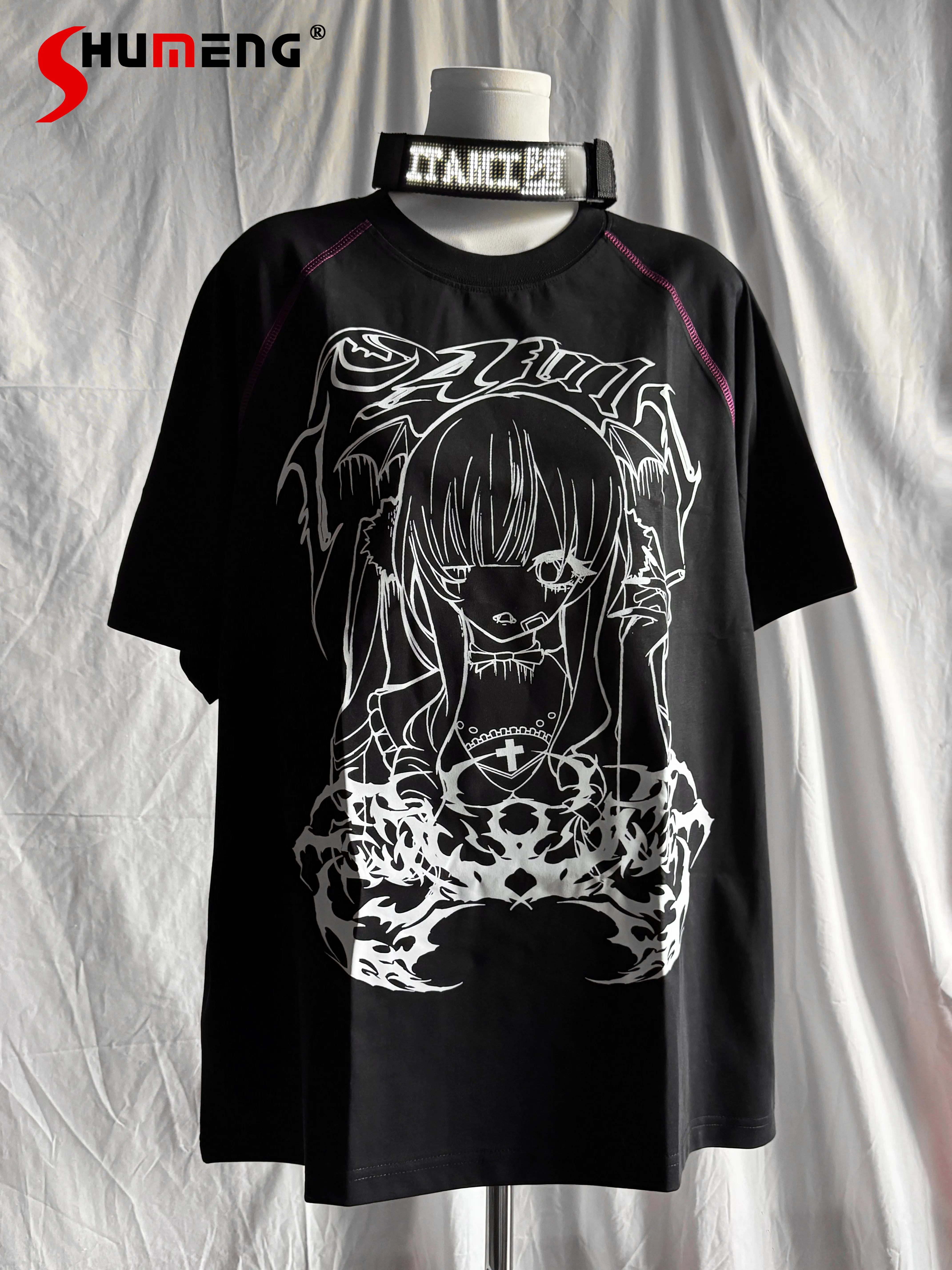 

Subculture Gothic Anime Print Two-dimensional Black T-shirt 2026 Summer New Student Loose Casual T-shirt Y2k Top Women Clothing