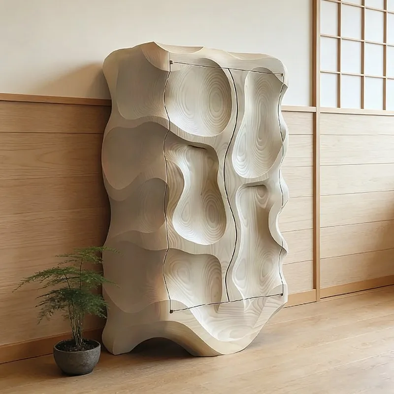 *Hand Carved Light - Luxury Cabinet Solid Wood with Irregular Shape Wave Shaped Edges a Premium High - End Sideboard for Storage