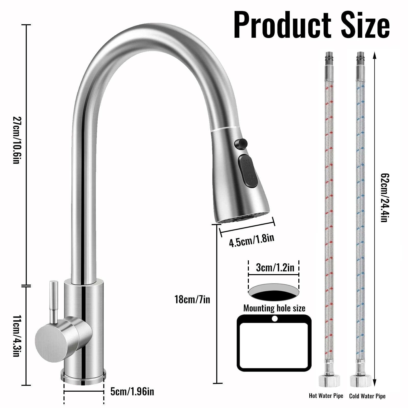 Küchenarmaturen aus Edelstahl, ausziehbarer Küchenarmatur-Wasserhahn, deckenmontierter Mischer mit Strahl- und Sprühkopf, Warm- und Kaltwasserhähne