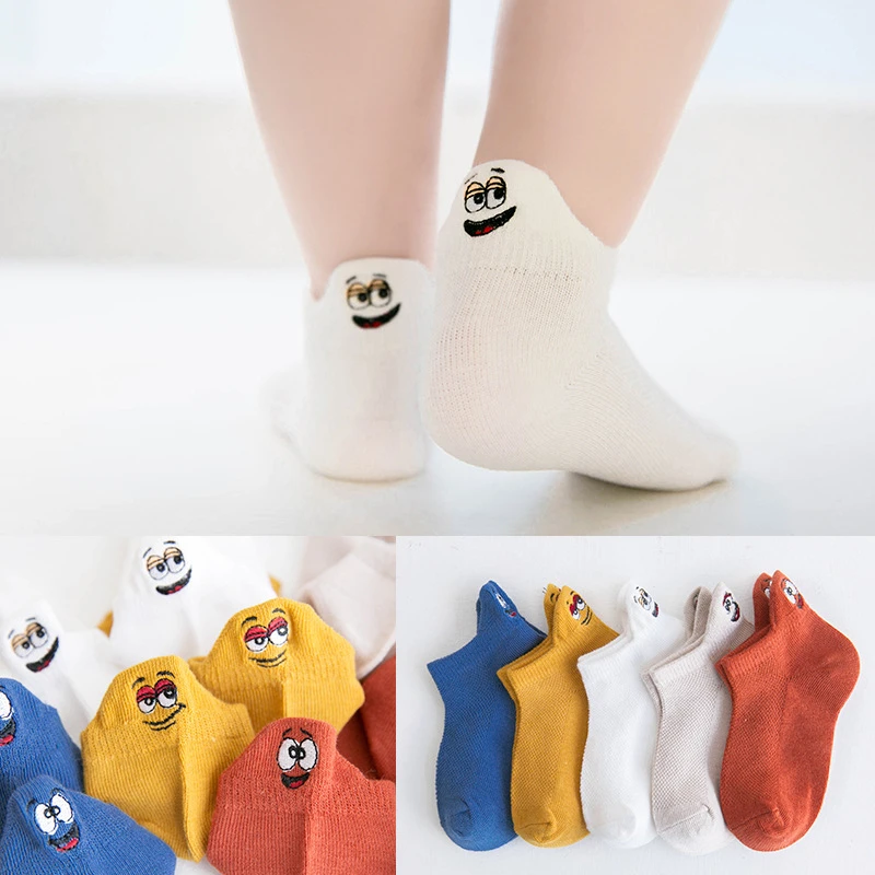 5 Paar Kindersocken, Emoticons, lustiges Gesichtsmuster, bequem, atmungsaktiv, für Jungen und Mädchen