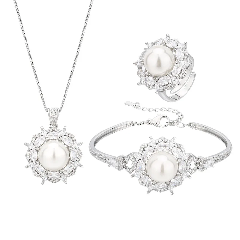 New Jewelry Pearl Gemstone Set Necklace Bracelet Ring Wholesale Women's High-end Versatile