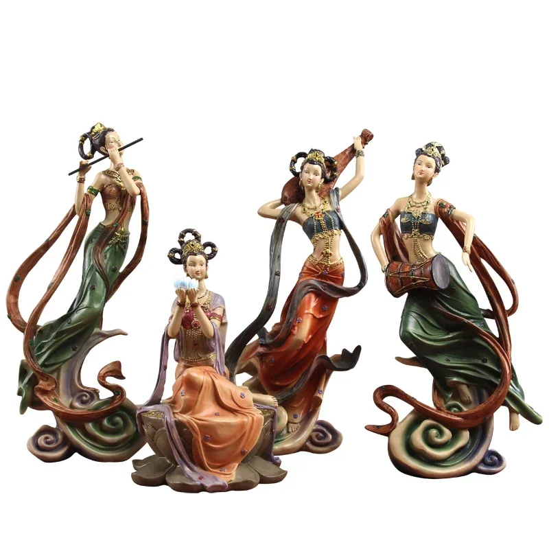 Chinese Zen Resin Dunhuang Feitian Goddess Sculpture Art Bookcase Club Ornaments Cafts Home Livingroom Desktop Statue Decoration