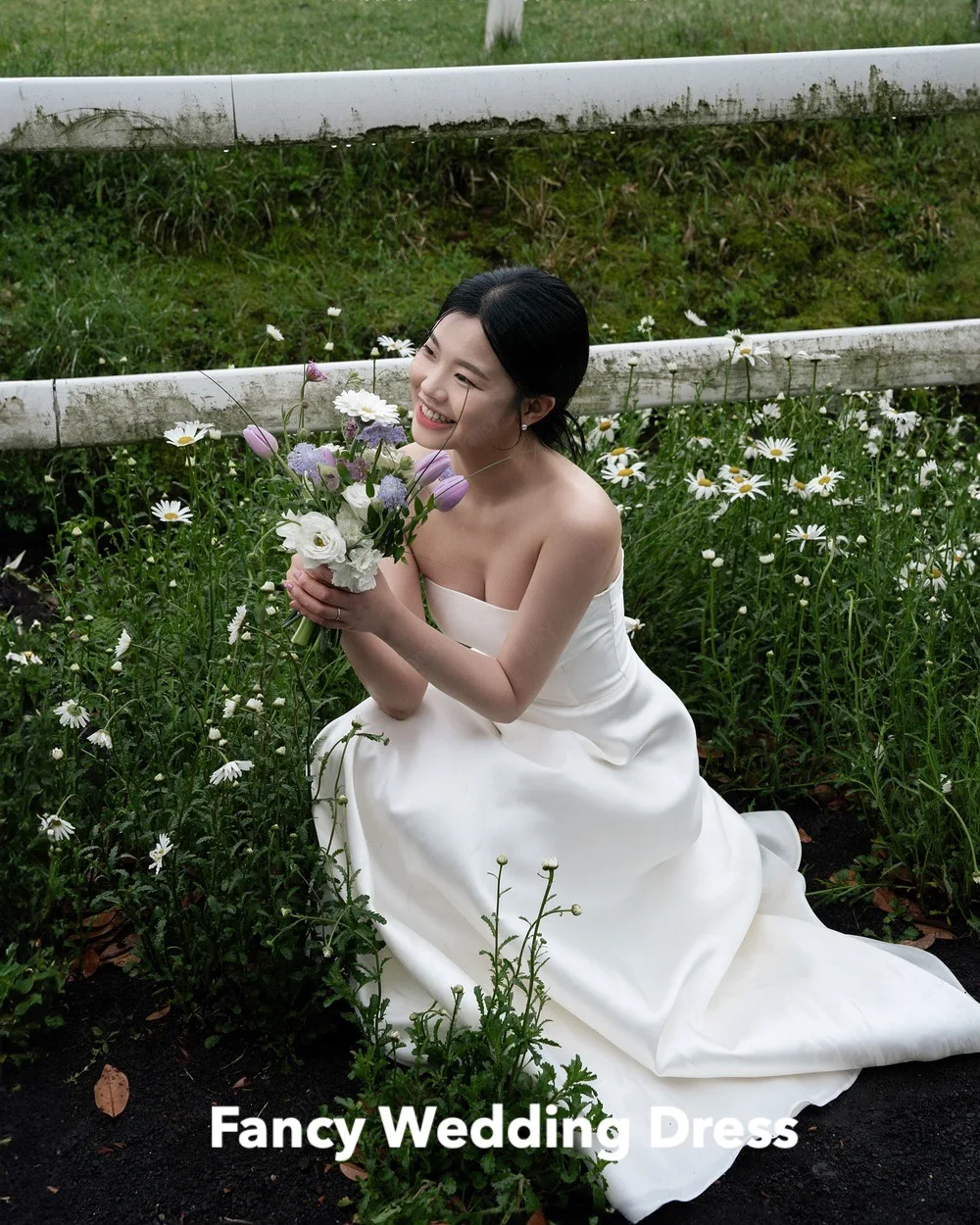 Fancy eenvoudige ivoor strapless trouwjurk Korea fotoshoot een lijn mouwloze bruidsjurk terug korset op maat