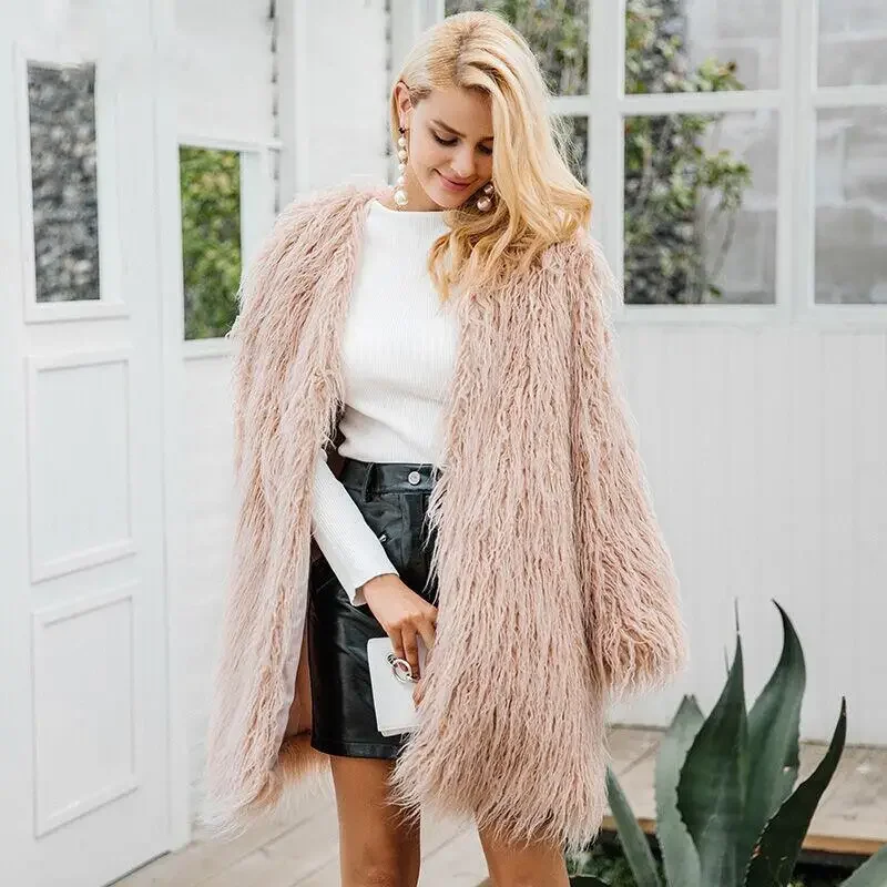 2023 New Winter Fall Women Fashion Long Faux Lamb Fur Coat , Korean Style Woman Clothes Thick Warm Fashion Elegant Coats