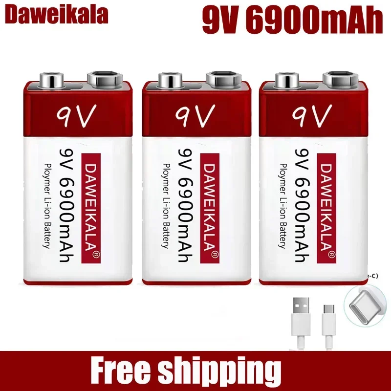 Baterai 9V Bersertifikat UL Kapasitas Tinggi 6900mAh - 2000+ Siklus Dapat Diisi Ulang untuk Detektor Asap/Multimeter/Mic Pengisian Daya USB-C