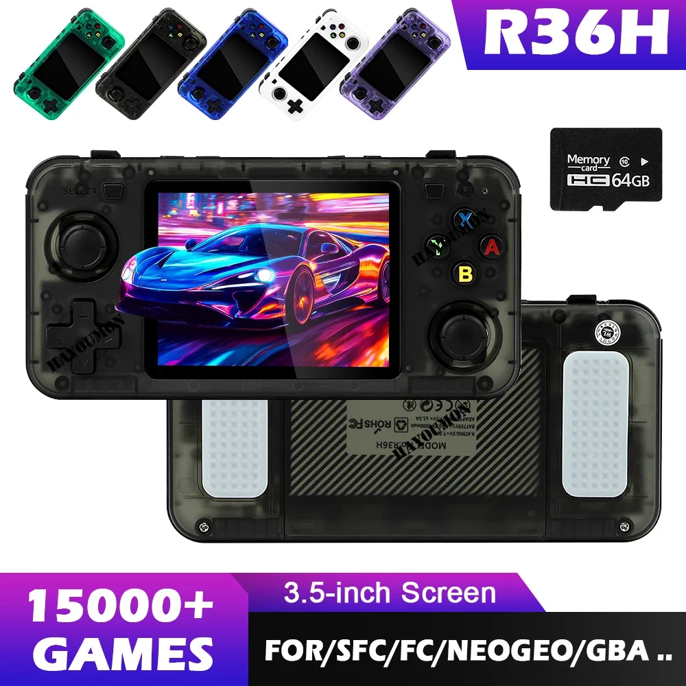 R36H 64G 15000+ juegos consola de juegos portátil negra transparente pantalla IPS de 3,5 "RK3326 reproductor de videojuegos Retro portátil 3000mAh