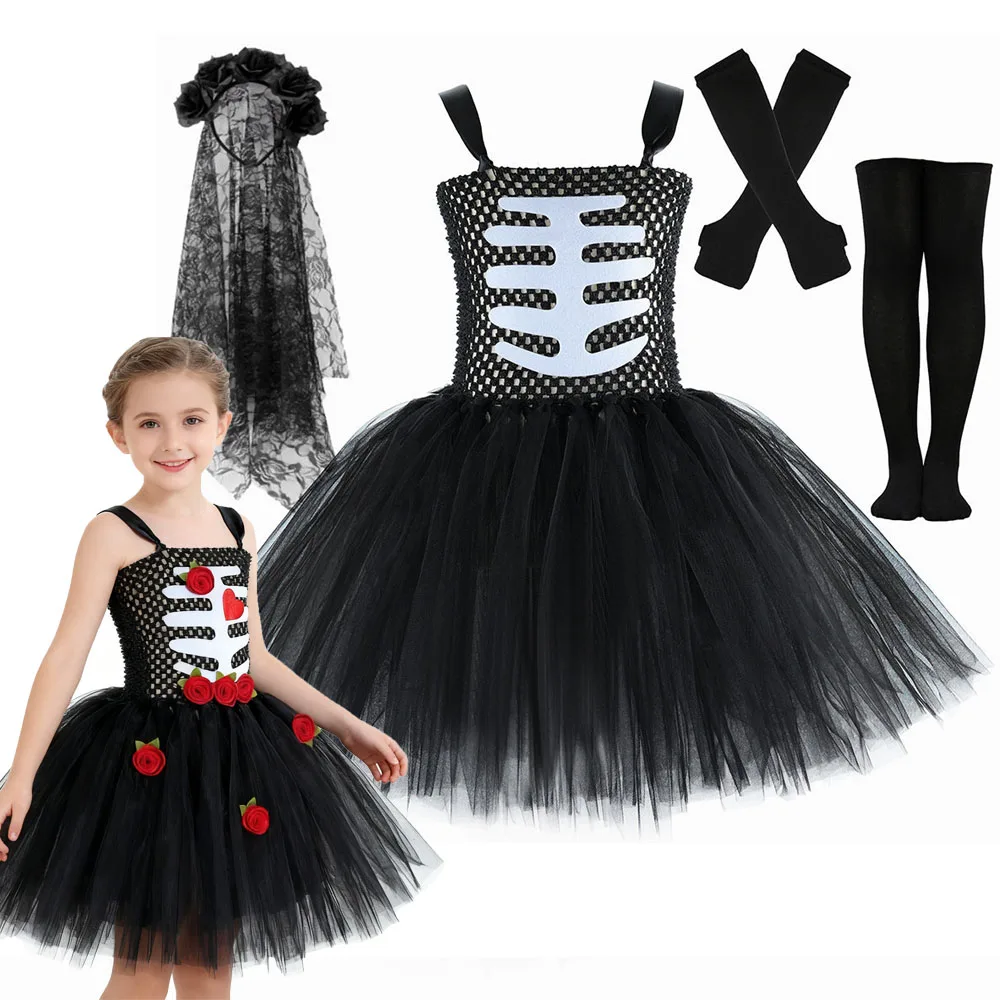 

Готический костюм на Хэллоуин для детей, платье ужасов со скелетом и розой для девочек, детское платье с изображением зомби-призрака, праздничное платье, нарядная одежда