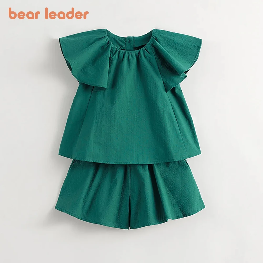 Bear Leader Summer Fashion Children's Clothing Green Round Neck Short Sleeved Top+Shorts 2-piece Sets Daily Casual Girl Clothes