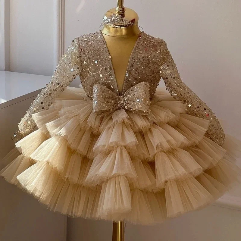 Robes de demoiselle d'honneur noires pour mariage, paillettes avec nœud, fleur 3D, couches gonflées, fête d'anniversaire pour enfants, robe de Rhde première communion