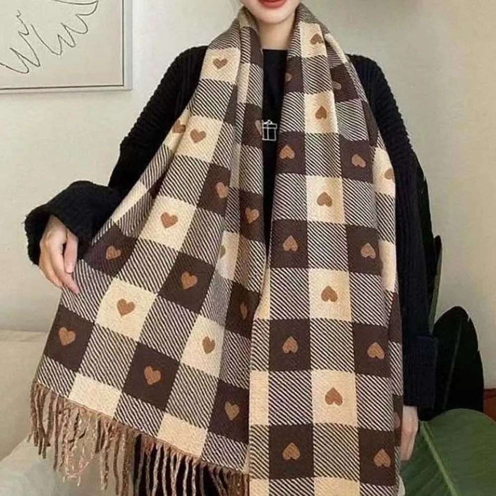 

Large Acrylic Fibers Plaid Knitted Scarf Long Soft Heart Thickened Scarf Tartans Printed Warmer Tassel Shawl Spring