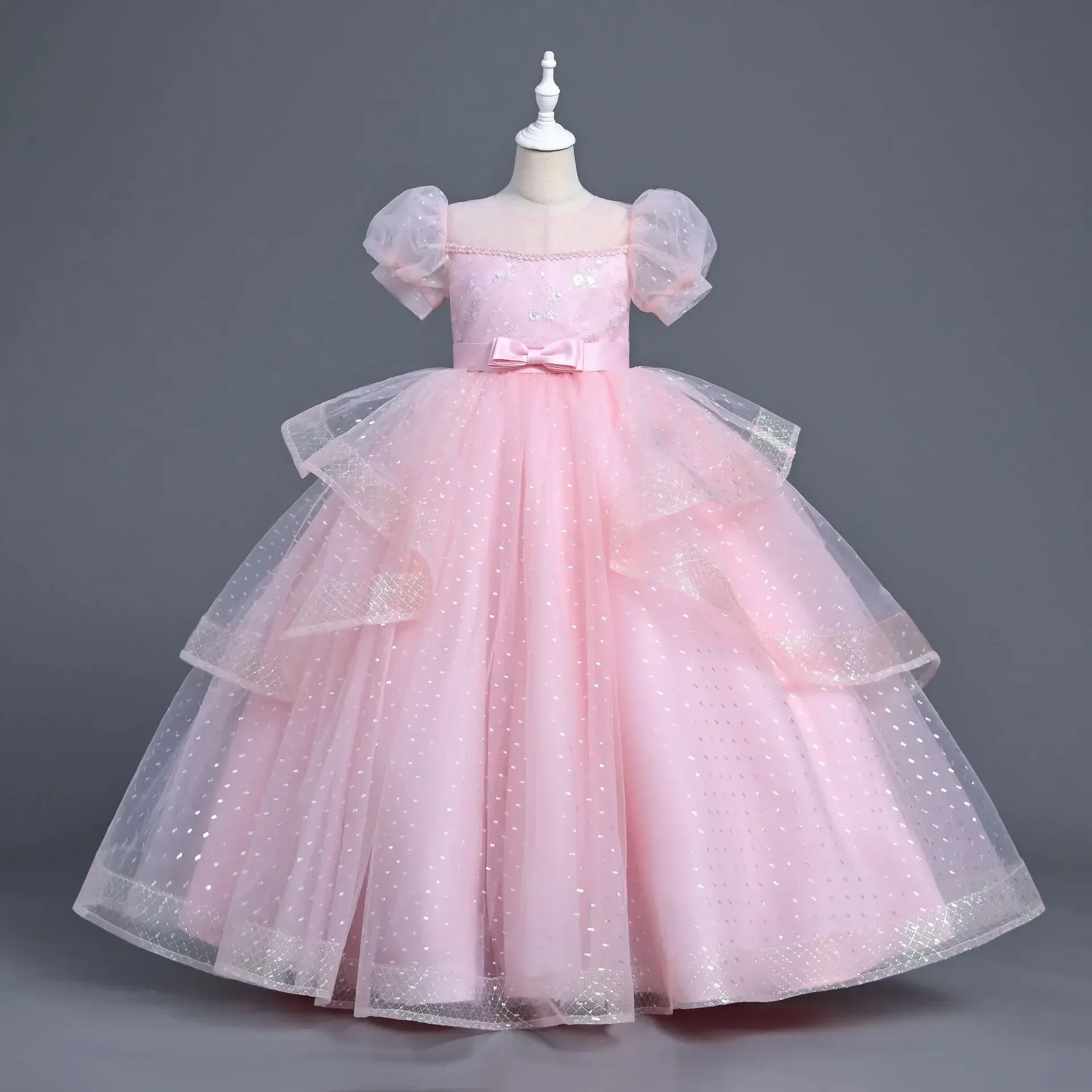 

2025Youth Girls Summer New Sequin Bubble Sleeves Long Mesh Fluffy Skirt School Graduation Ceremony Fashion Grand Evening Dress