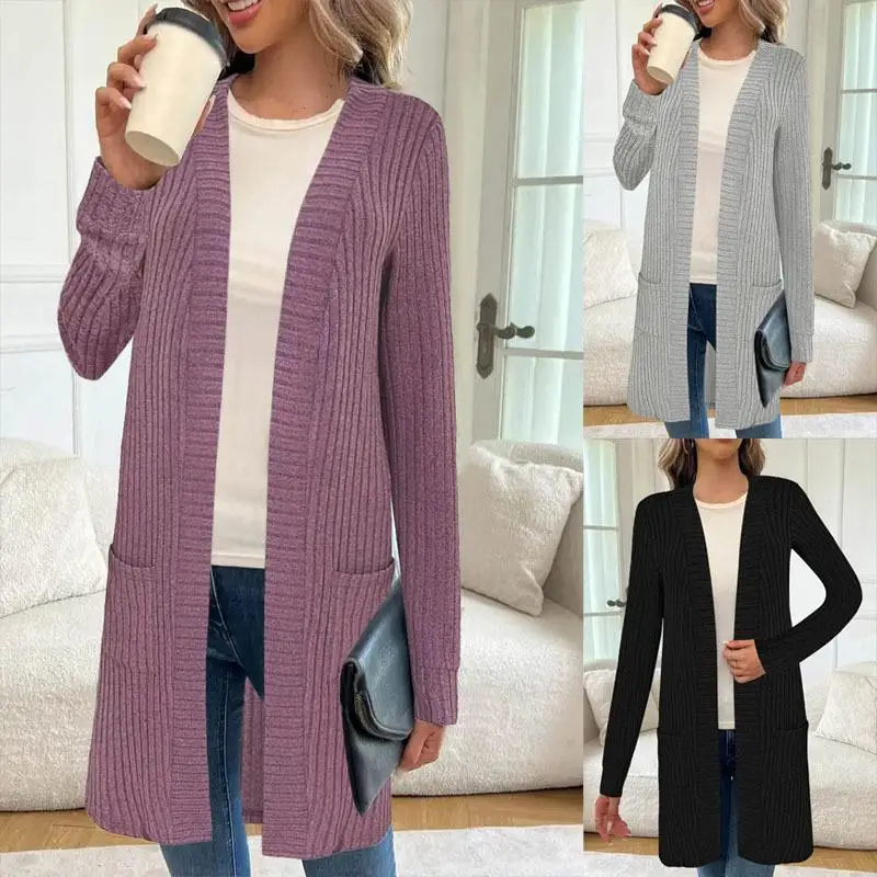 

Loose Long Sve Pure Color ket Open Cardigan Outerwear Women's Autumn Winter Cotton Jaet Comfortable Casual Sle