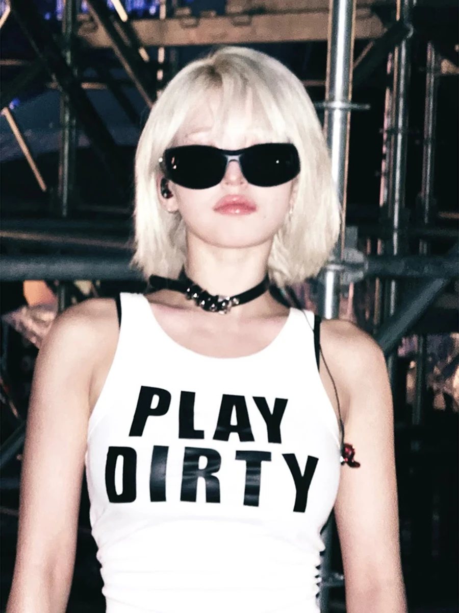 Weird Puss Stage Idol Sle Letter Print Svel Slim Fit Damesvest Pittig Trendy ort Lengte Polyester Blend Top