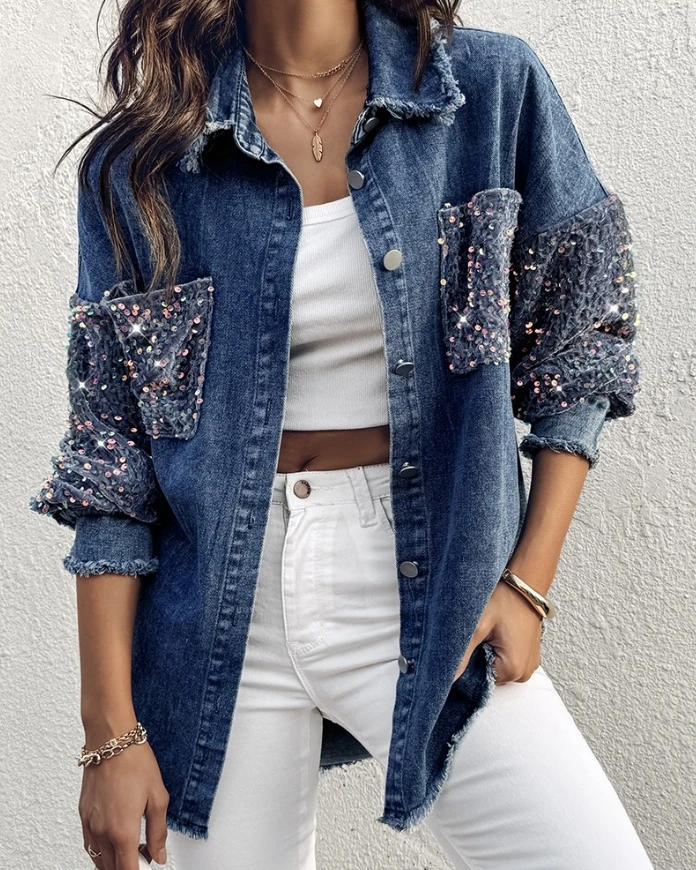 Flip collar contrast sequin long sleeved tassel hem denim jacket women's fashionable casual jacket autumn and winter new style