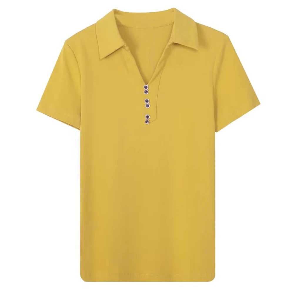 Estação europeia polo pescoço manga curta camiseta feminina verão novo high end luz luxo tamanho grande solto moda casual topo