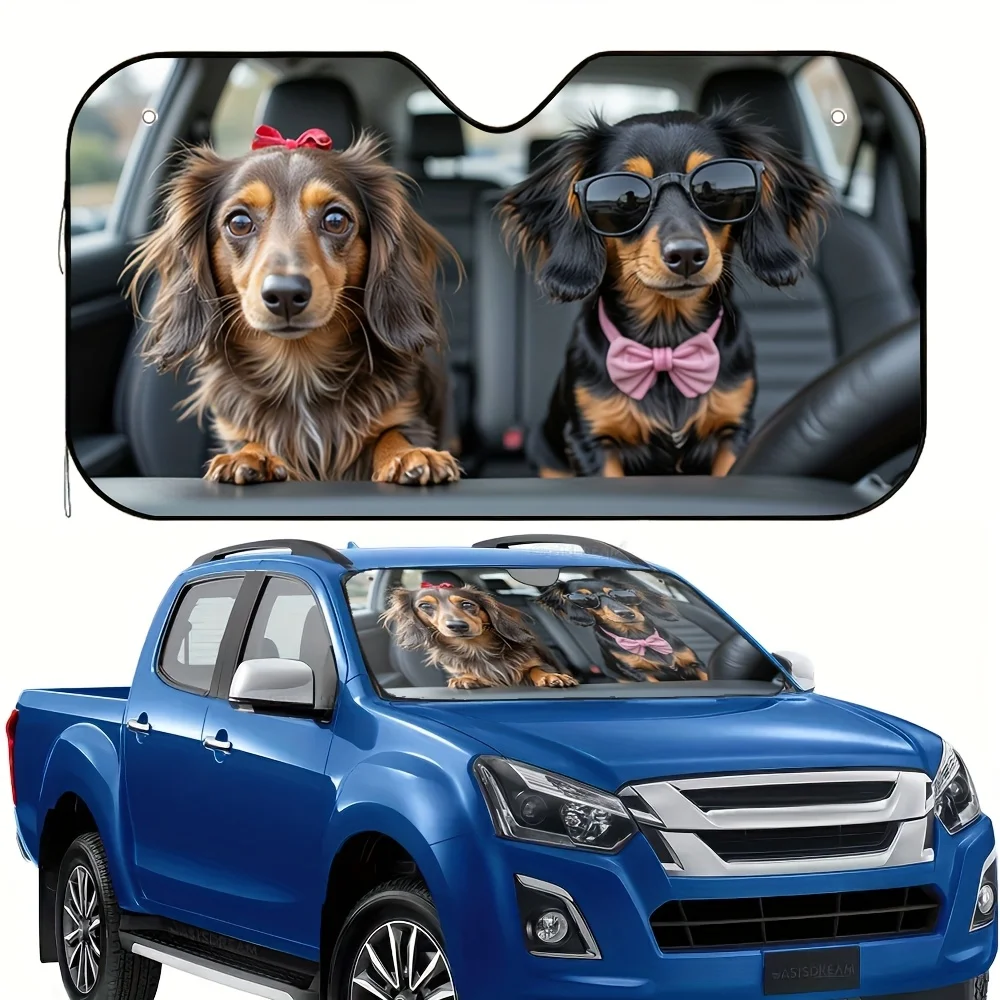 1pc Dogs Day Out Car Sun Visor Universal Fit Car Accessory with Cute Dachshund Design Red Bows Fashion Glasses